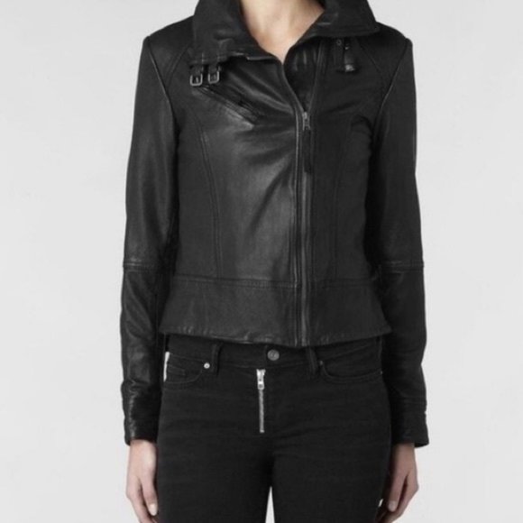 All Saints | Belvedere Biker Leather Moto Jacket in Black Size 0 - Picture 1 of 15